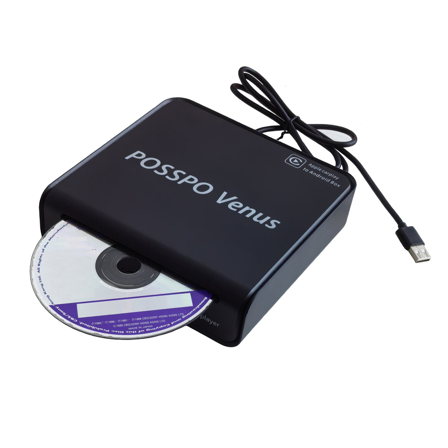 POSSPO Venus CD DVD Player for Car with USB Port, Portable External CD Player for Truck with with Wired Apple CarPaly