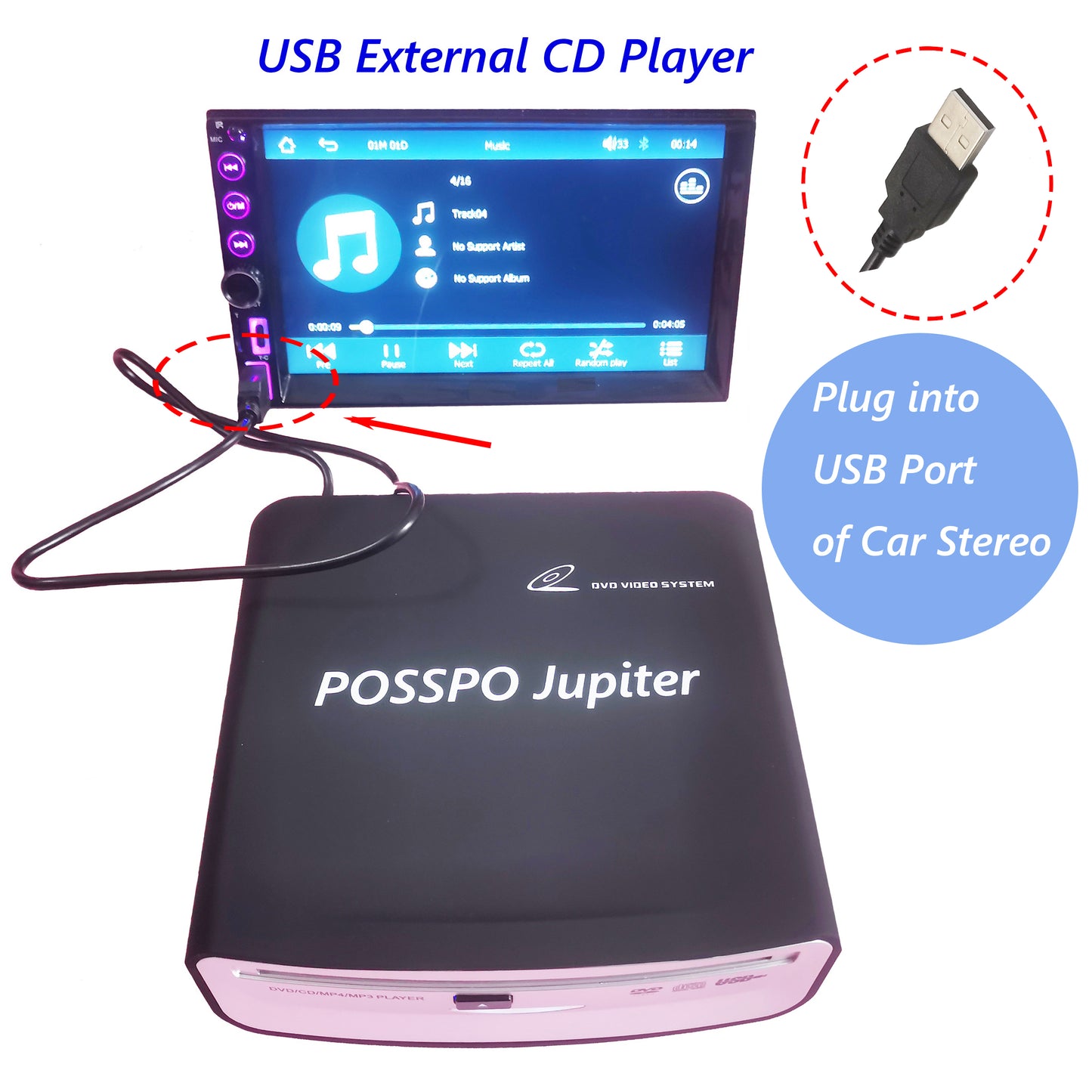 POSSPO Jupiter CD DVD Player for Car with USB Port, Portable External CD Player That Plugs into Car Laptop Desktop TV Mac Computer, Plug & Play –Upgraded with Extra USB Extension Cable